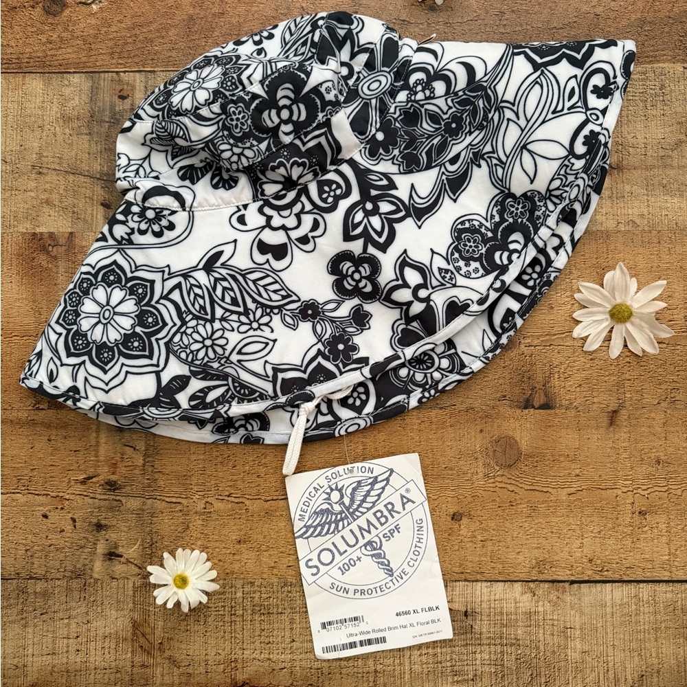 Hat Sun Protection Solumbra Unisex White/Black Floral Sun Hat 100+ SPF